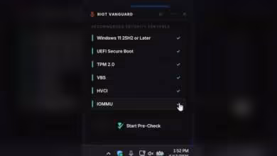 Interface Riot Vanguard affichant Windows 11 25H2, UEFI Secure Boot, TPM 2.0, VBS, HVCI et IOMMU