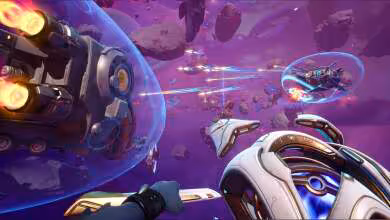 Art conceptuel de Wildgate en combat spatial, vaisseaux futuristes dans un ciel violet, tirs laser et bouclier