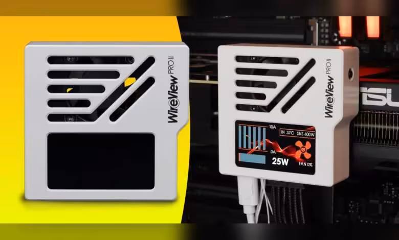 WireView Pro II White Edition en fonctionnement fond jaune vif et noir, contrastes forts, détails nets