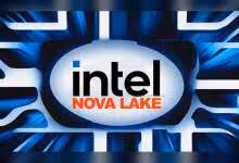 Logo Intel Nova Lake sur un fond graphique bleu et noir.