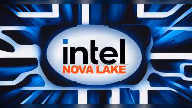 Logo Intel Nova Lake sur un fond graphique bleu et noir.