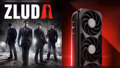 GPU AMD avec design à double ventilateur sur fond noir et rouge contrasté
