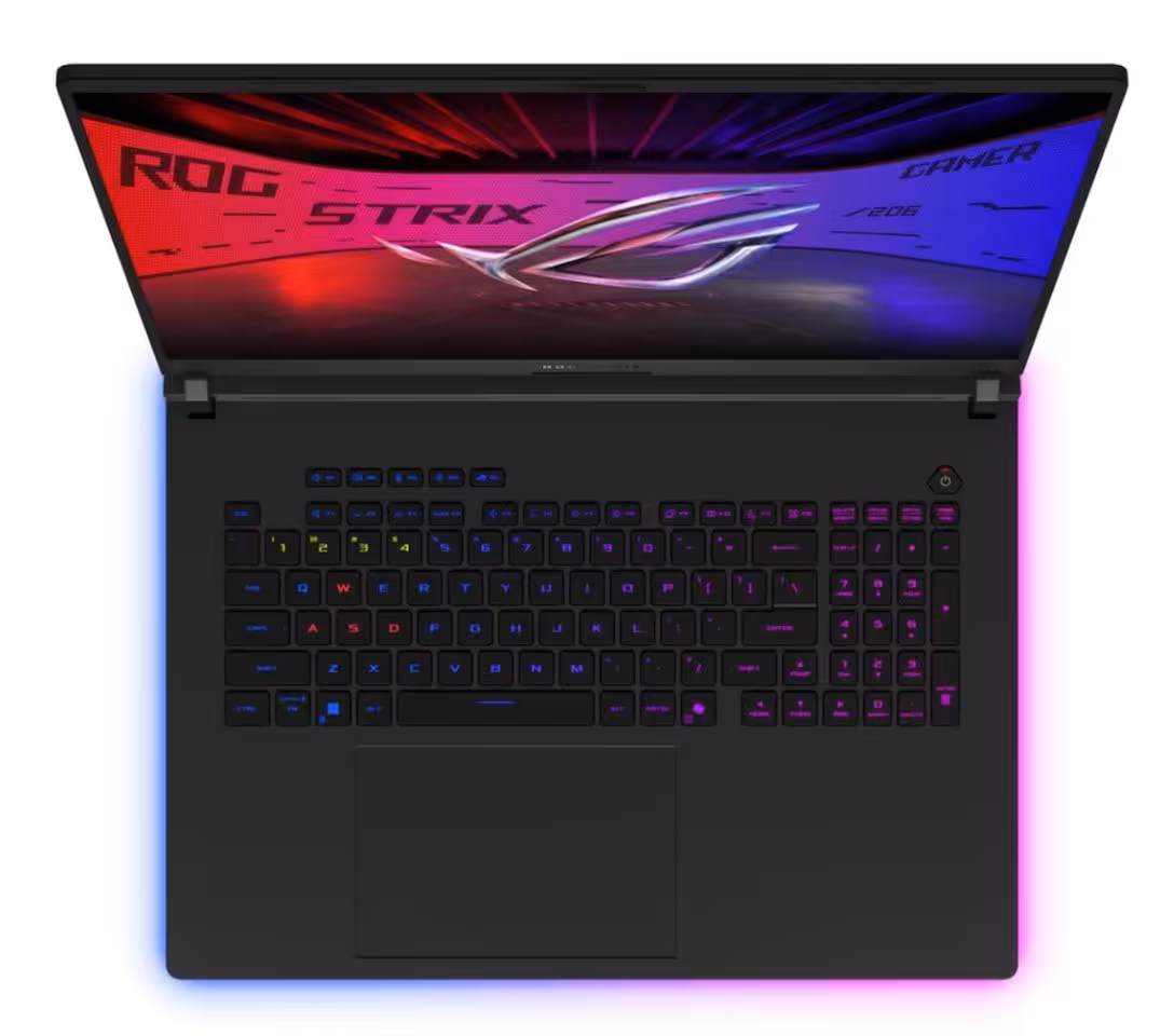 Vue de dessus du clavier RGB d’un portable ASUS ROG Strix SCAR 18