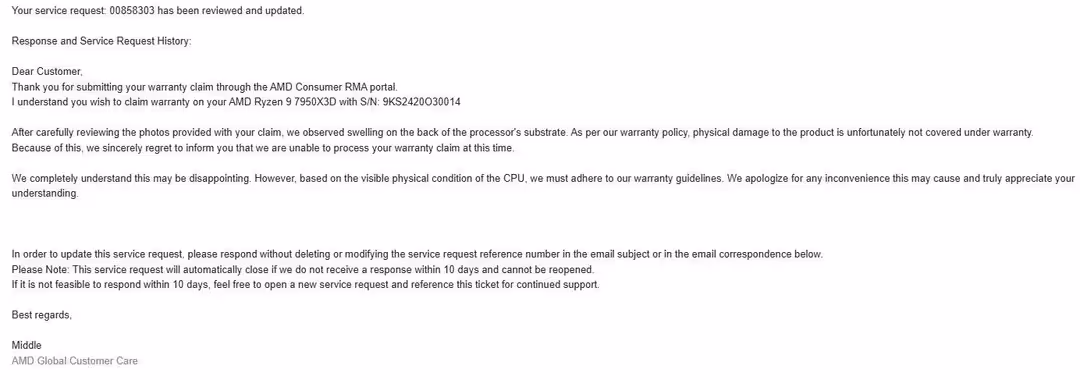 Capture d'écran d'un e-mail de réclamation de garantie AMD Ryzen, texte peu contrasté.