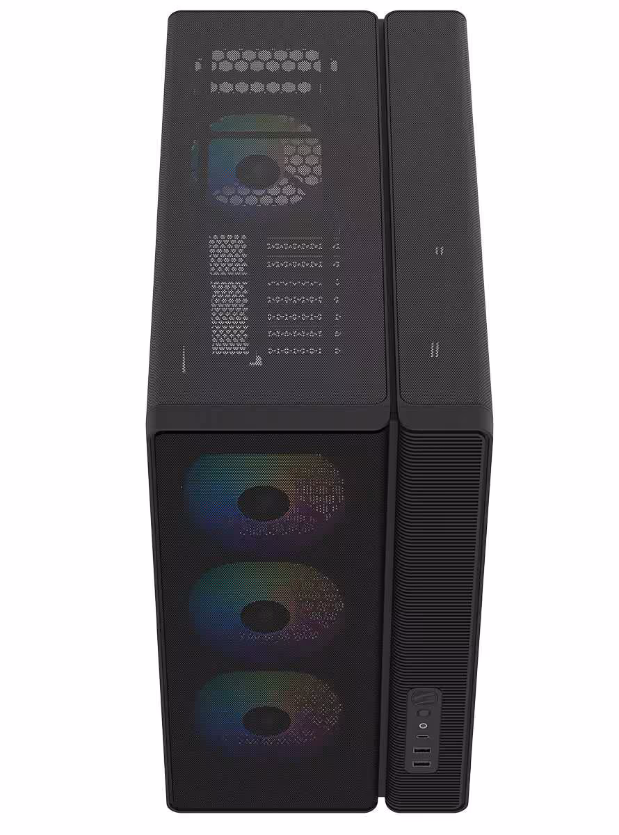 SAMA S50 : un boîtier ATX compact avec 4 ventilateurs ARGB et GPU jusqu’à 410 mm 4 Boîtier SAMA S50 noir compact, vue de face et de côté avec trois ventilateurs RGB