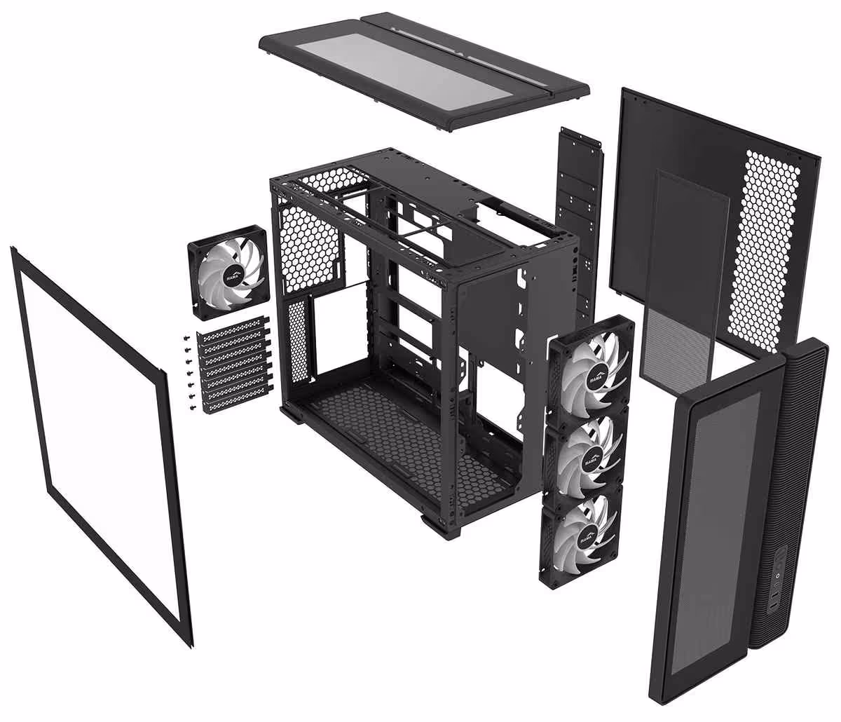 SAMA S50 : un boîtier ATX compact avec 4 ventilateurs ARGB et GPU jusqu’à 410 mm 5 Boîtier SAMA S50 démonté en vue éclatée, panneaux, filtre et ventilateur arrière visibles