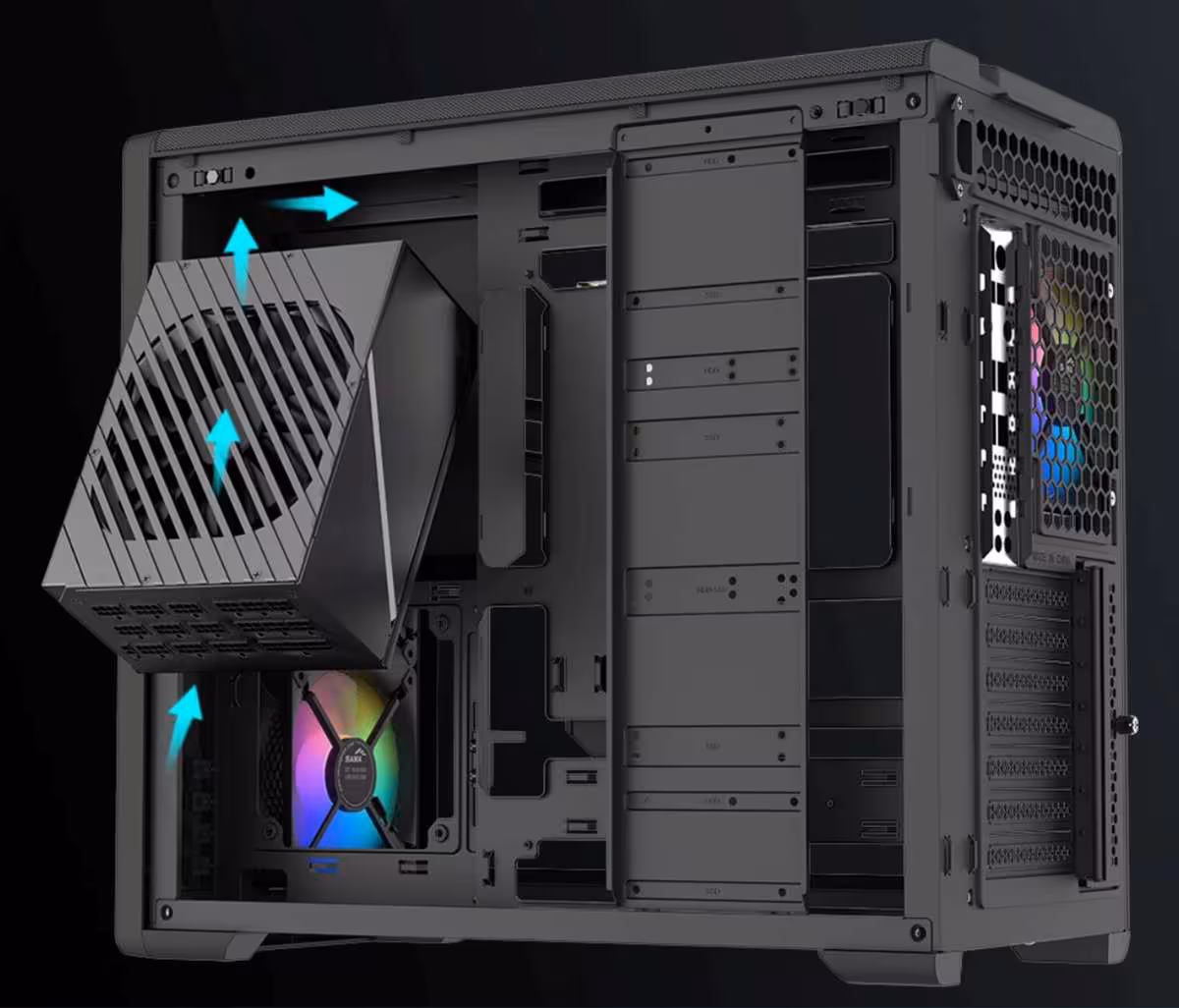SAMA S50 : un boîtier ATX compact avec 4 ventilateurs ARGB et GPU jusqu’à 410 mm 6 Vue interne du boîtier SAMA S50 noir, flux d’air illustré vers le radiateur supérieur
