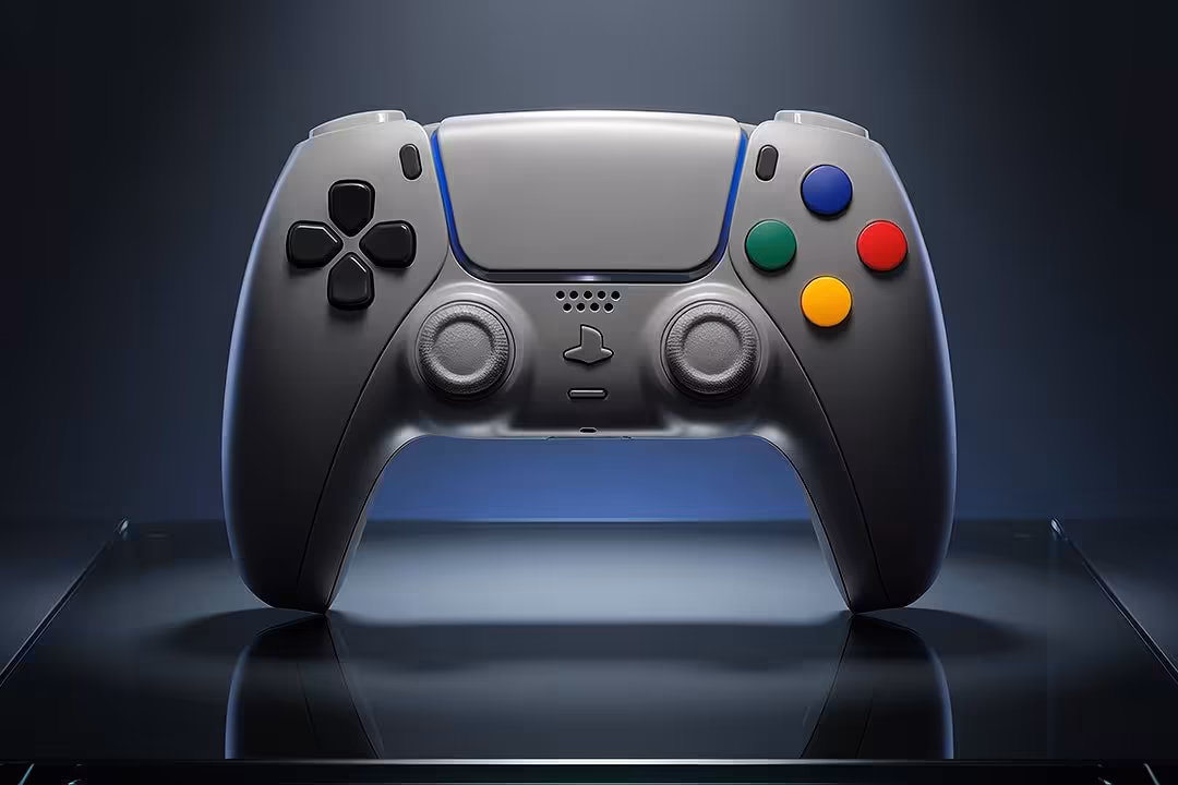 SFC-1 : Killscreen habille la manette PS5 et PC aux couleurs de la Super Famicom 2 Manette inspirée PS5 avec touches colorées type Nintendo 64 sur fond sombre