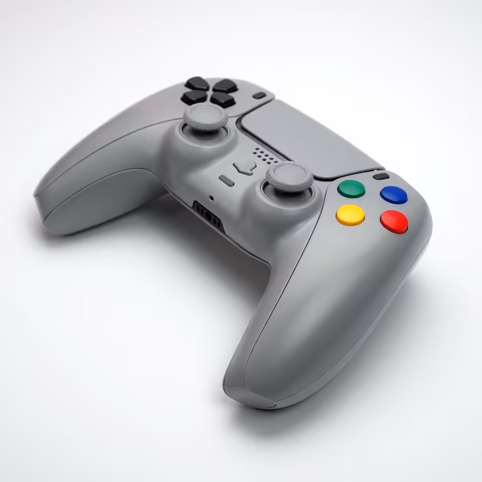 SFC-1 : Killscreen habille la manette PS5 et PC aux couleurs de la Super Famicom 5 Manette grise style rétro, vue de dessus avec boutons multicolores et sticks analogiques
