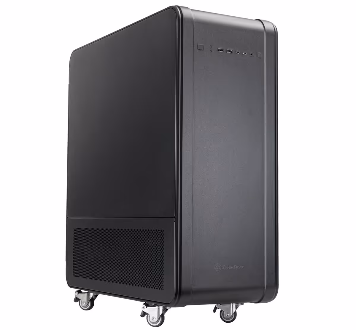 Boîtier SilverStone ALTA T1 noir, vue trois-quarts extérieure avec roulettes et façade fermée.