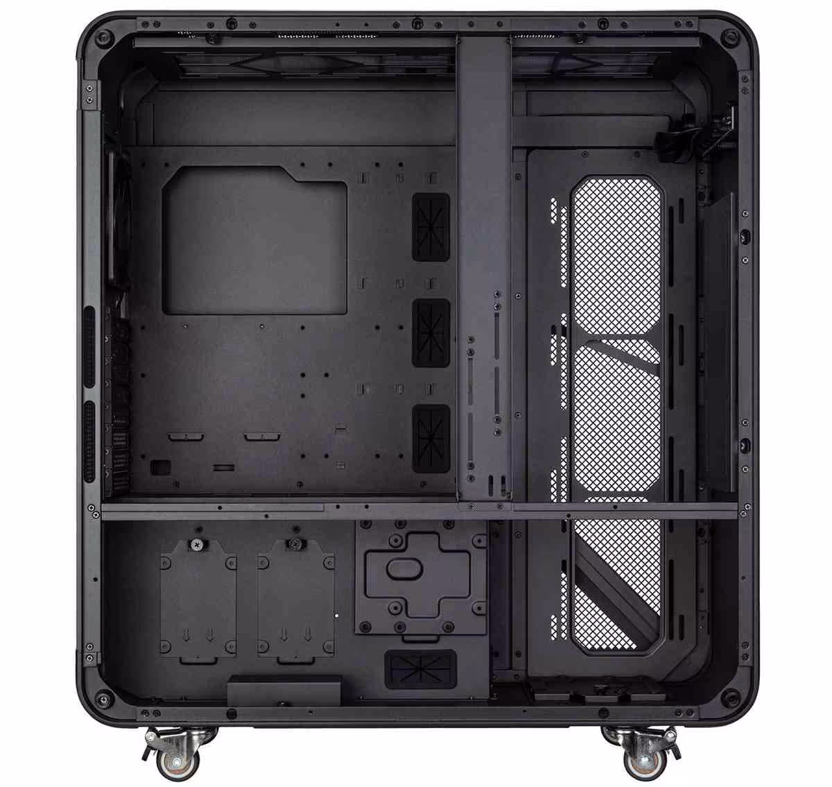 Vue intérieure complète du SilverStone ALTA T1, châssis vide et supports de montage visibles.
