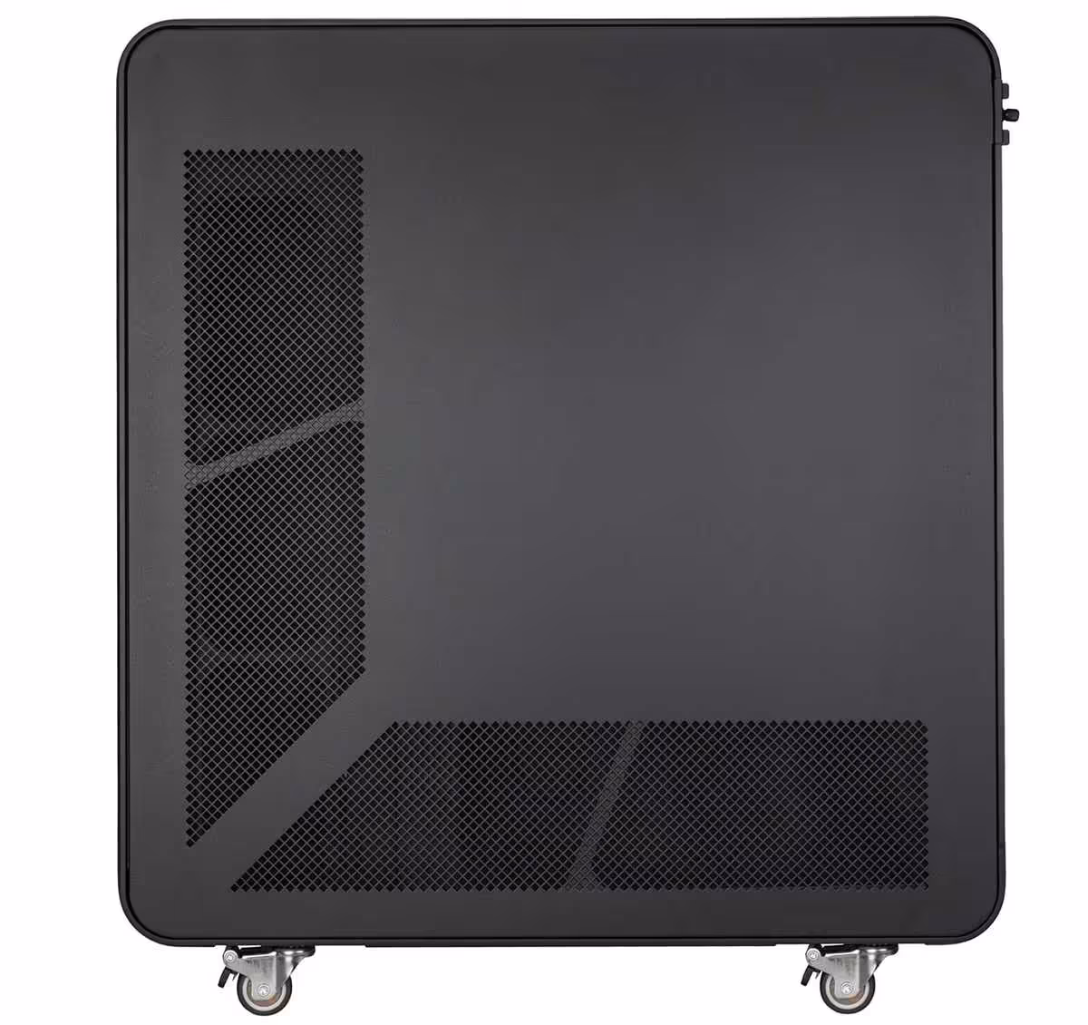 Panneau latéral plein du SilverStone ALTA T1 avec grilles d’aération décoratives.