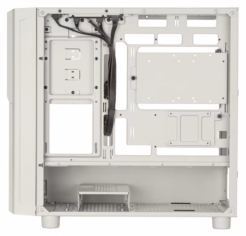 Vue intérieure complète du châssis SilverStone FLP03 microATX avec passage de câbles et emplacements de montage