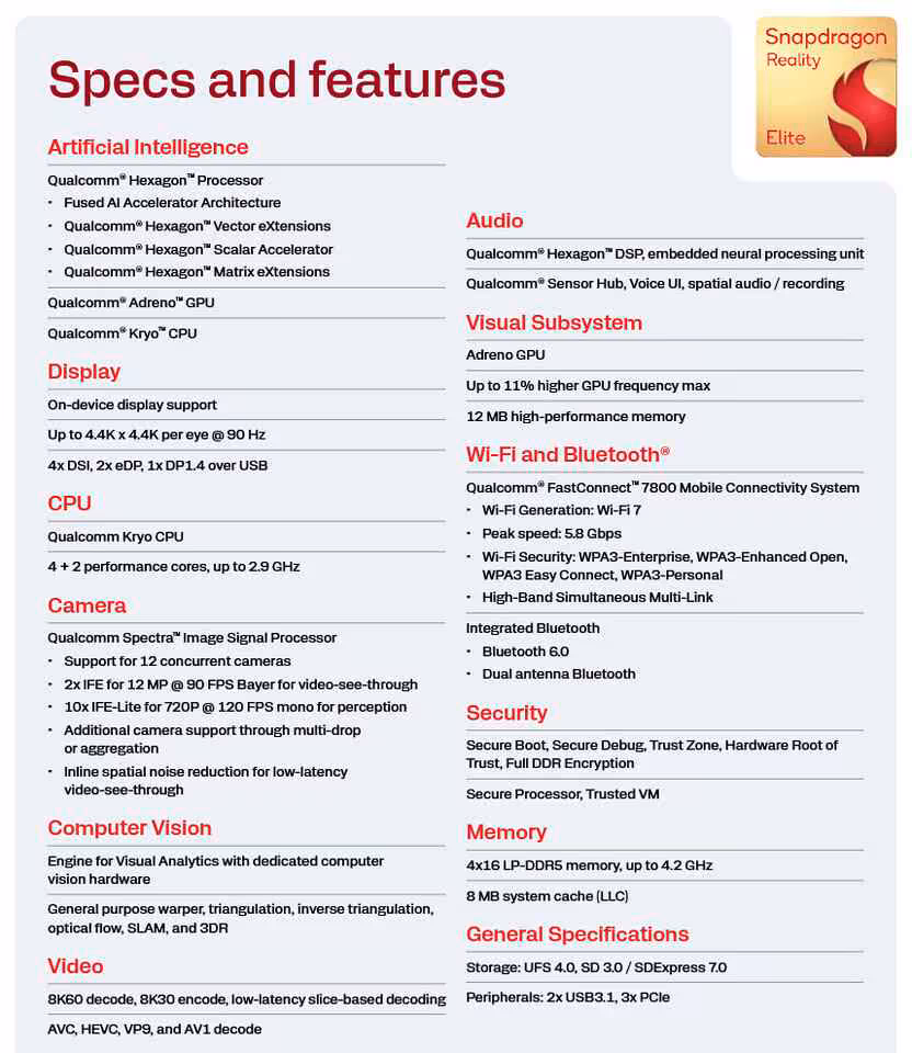 Diapositive “Specs and features” du Snapdragon Reality Elite listant CPU, GPU, écran, audio, sécurité et connectivité