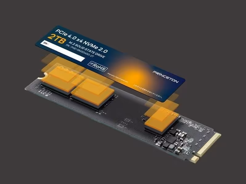 SSD M.2 Princeton PHD-ISM2G4DG-2T PCIe 4.0 x4 NVMe 2.0, vue éclatée montrant la puce et les composants