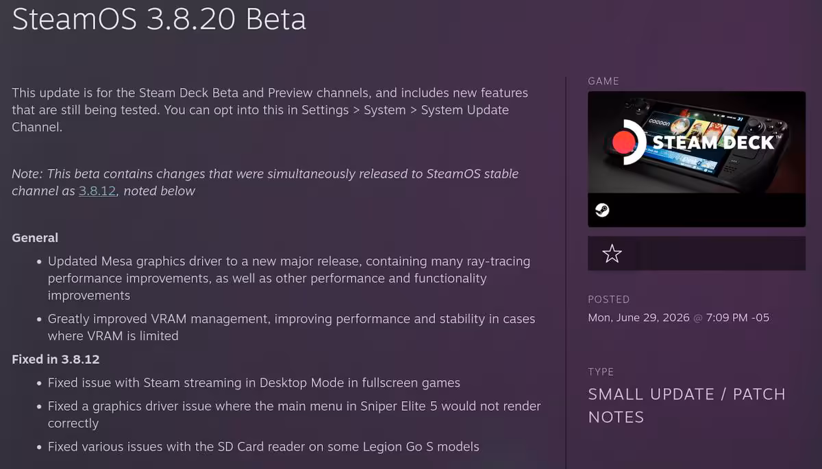 Capture d’écran des notes SteamOS 3.8.20 Beta sur Steam Deck, avec logo Steam Deck à droite
