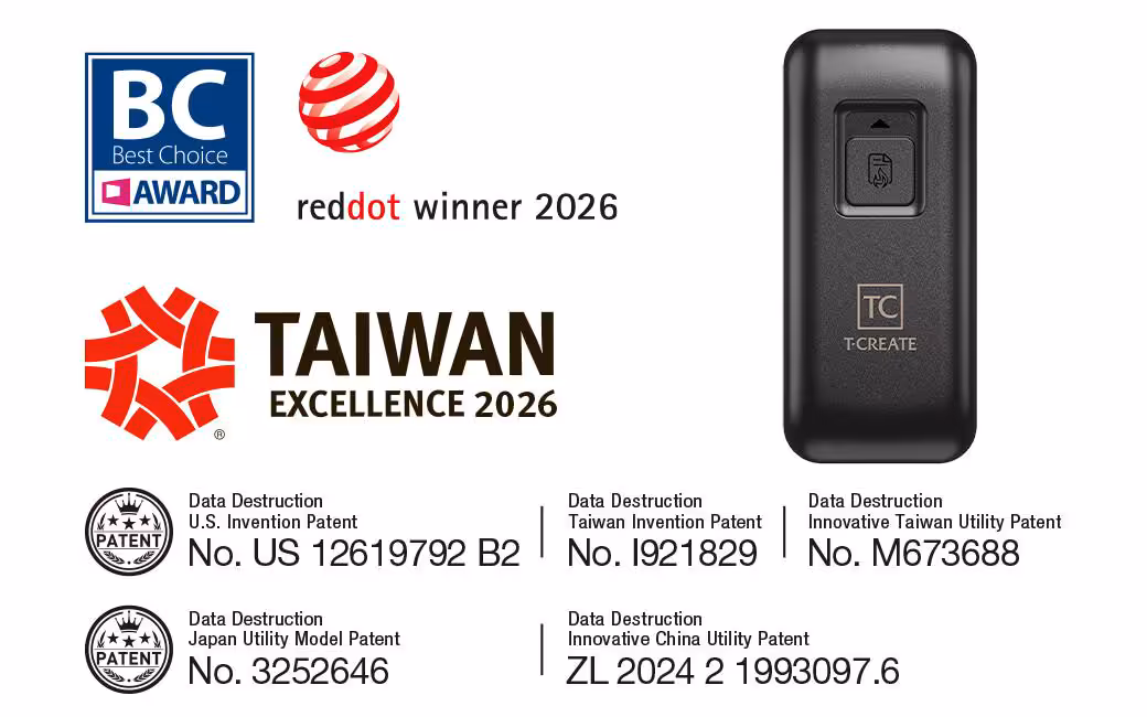 Team Group Industrial dévoile ses SSD à destruction de données pour Eurosatory 2026 2 Boîtier TCREATE noir, logos BC Award, reddot winner 2026 et Taiwan Excellence 2026
