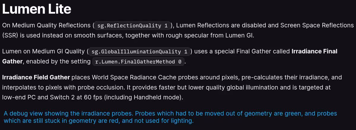 Capture d’écran de la démo technique Lumen Lite d’Unreal Engine, avec texte explicatif sur l’éclairage global
