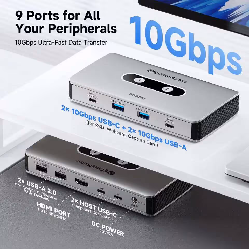 USB-C KVM Switch Cable Matters : 4 modes de bascule et charge double 85 W 3 Vue produit Cable Matters montrant 9 ports, 10Gbps USB-C et USB-A, avec deux versions du switch