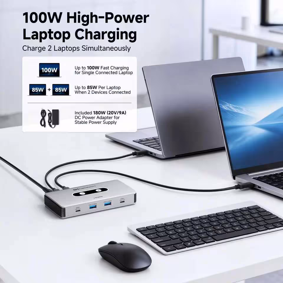 USB-C KVM Switch Cable Matters : 4 modes de bascule et charge double 85 W 4 Switch KVM USB-C Cable Matters avec charge laptop 100W, deux ordinateurs portables et périphériques connectés