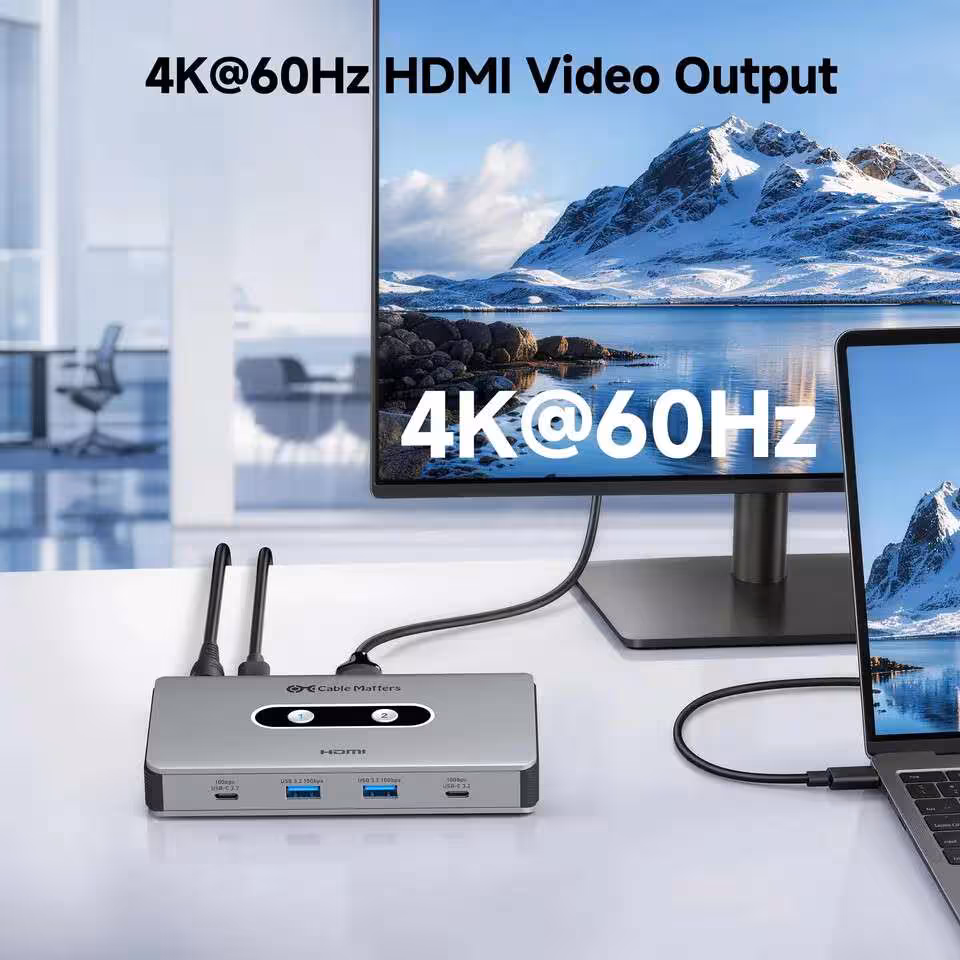 USB-C KVM Switch Cable Matters : 4 modes de bascule et charge double 85 W 5 Switch KVM USB-C Cable Matters affichant sortie vidéo HDMI 4K à 60 Hz sur écran et ordinateur portable
