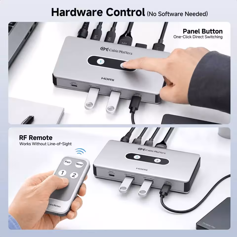 USB-C KVM Switch Cable Matters : 4 modes de bascule et charge double 85 W 6 Démonstration du contrôle matériel par bouton et télécommande RF sur le switch KVM Cable Matters