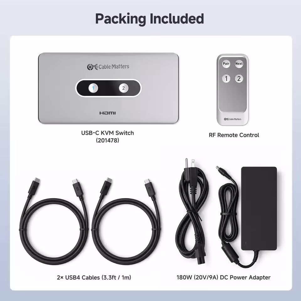 USB-C KVM Switch Cable Matters : 4 modes de bascule et charge double 85 W 7 Contenu de la boîte Cable Matters: switch USB-C KVM, télécommande RF, câbles USB4 et adaptateur secteur 180W