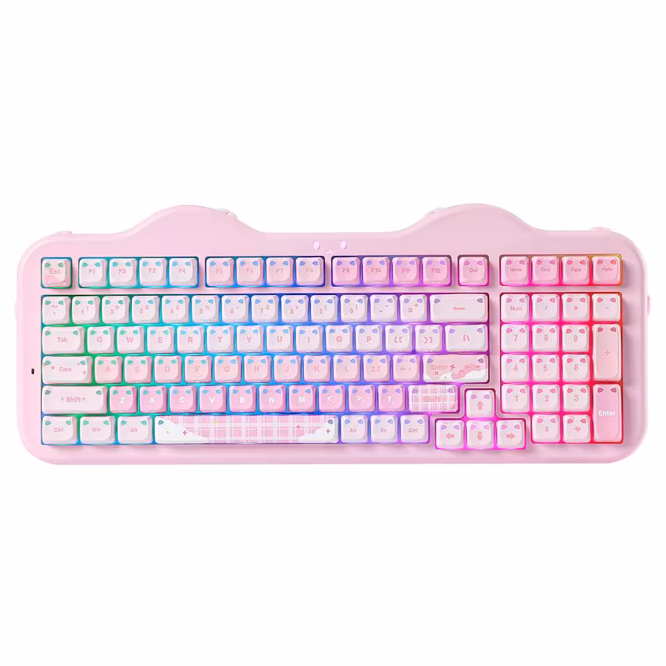 Clavier mécanique YUNZII C98 MAO rose, vue de dessus sur fond blanc, éclairage RGB