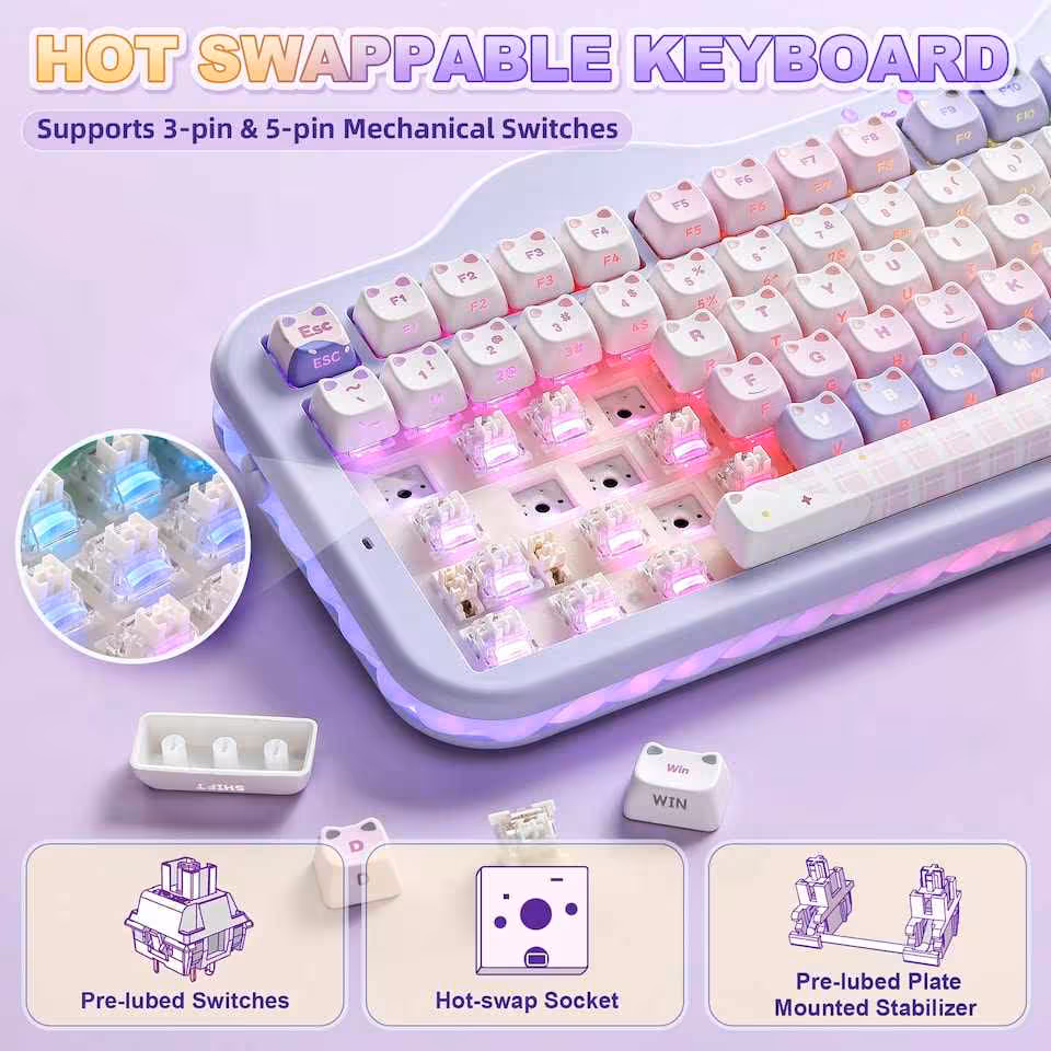 Clavier YUNZII C98 MAO hot-swappable, compatibilité switches 3 et 5 broches, stabilisateurs pré-lubrifiés