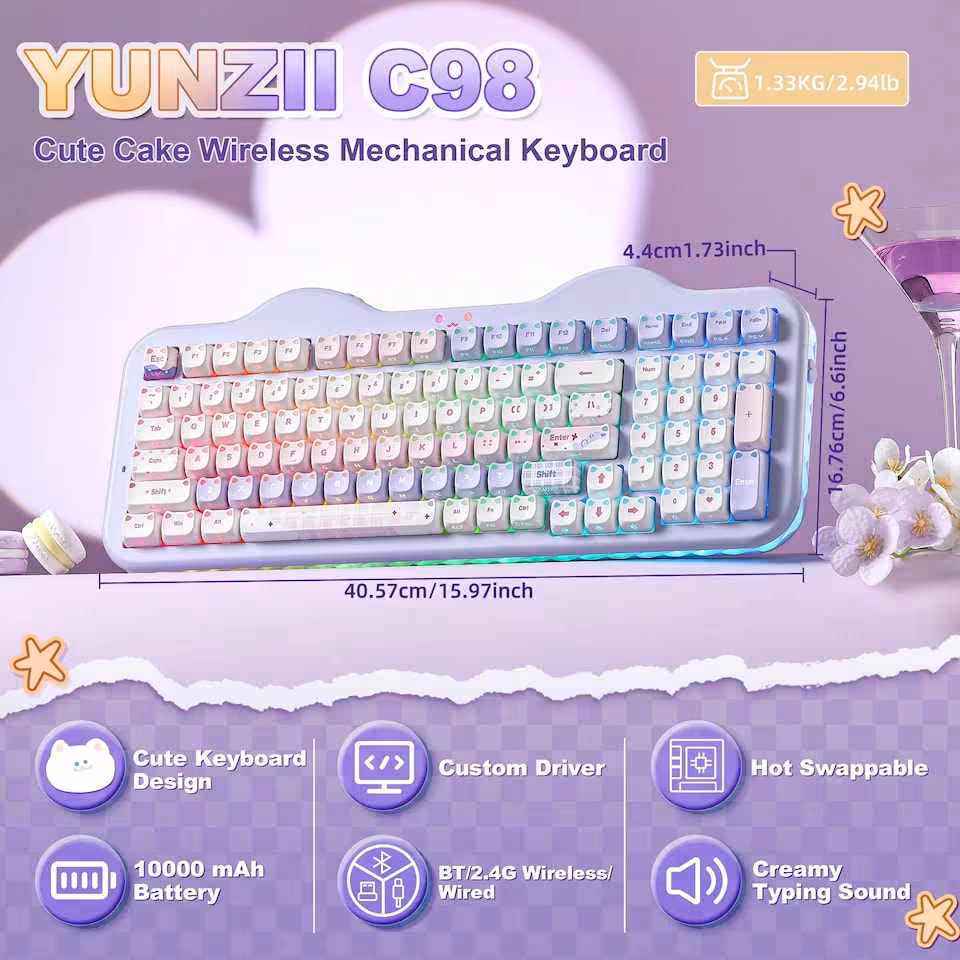 Visuel promotionnel du clavier YUNZII C98 MAO avec caractéristiques, batterie 10000 mAh et connectivité sans-fil