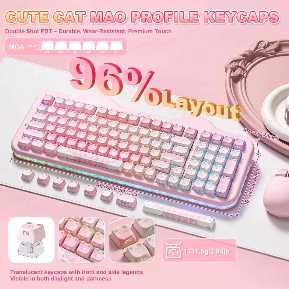 Clavier YUNZII C98 MAO avec capuchons MAO, layout 96 % et dimensions affichées sur fond rose