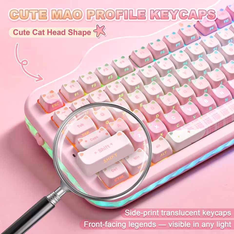 Gros plan sur les keycaps cat profile translucides du clavier YUNZII C98 MAO avec loupe