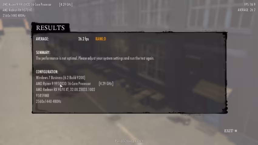 Capture d'écran de résultats de performance faible qualité