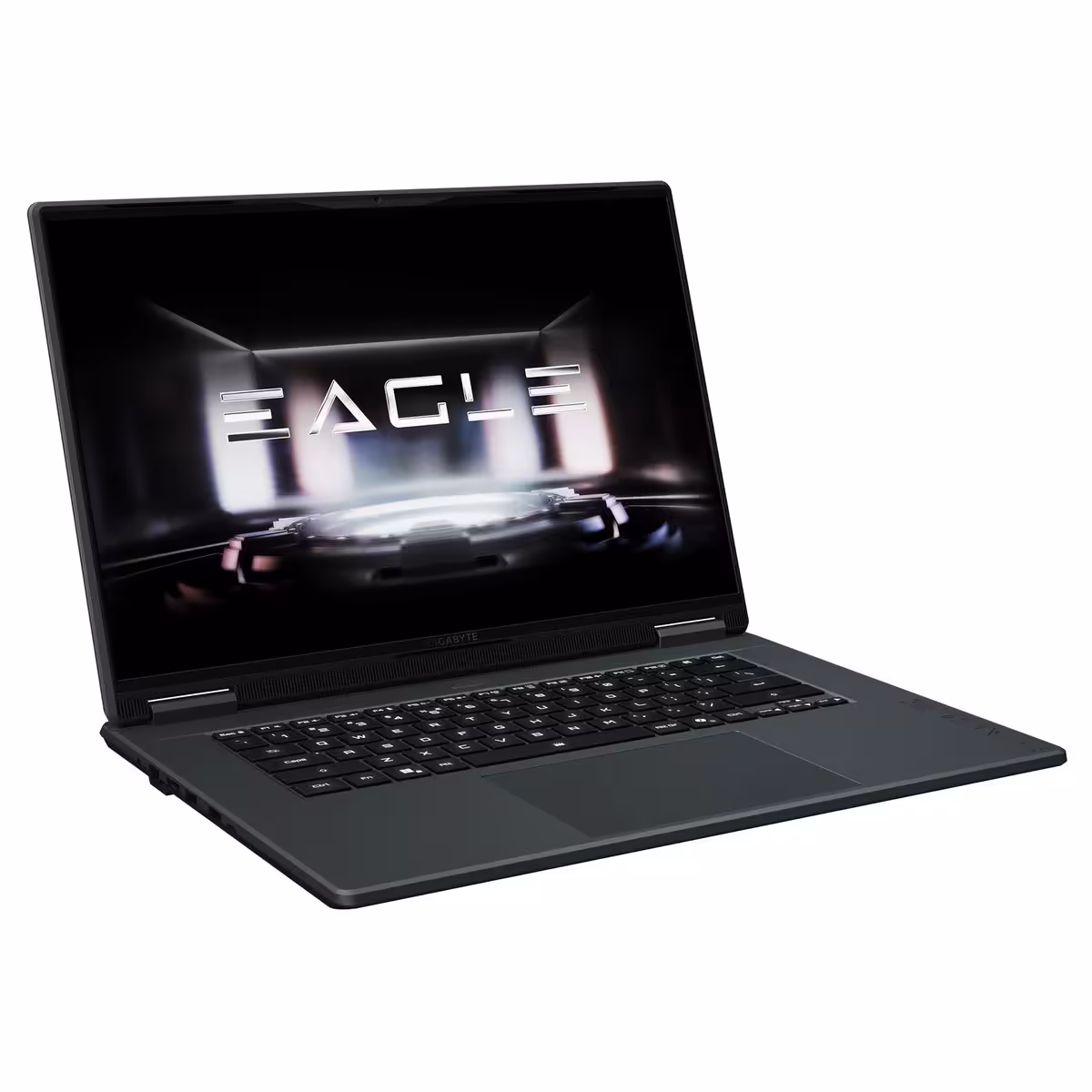 Ordinateur portable Lenovo en vue latérale, fond noir neutre