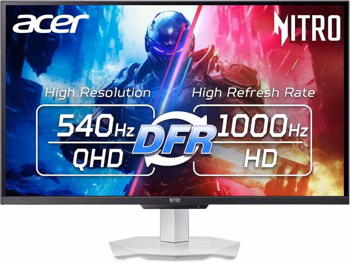 Acer Nitro à 699,99 $ : le XV273U F5 apparaît avec 540 Hz QHD et mode 1 000 Hz 4 Photo Acer Nitro XV273U frontal contrastes forts couleurs vives fond dualité bleu/rouge