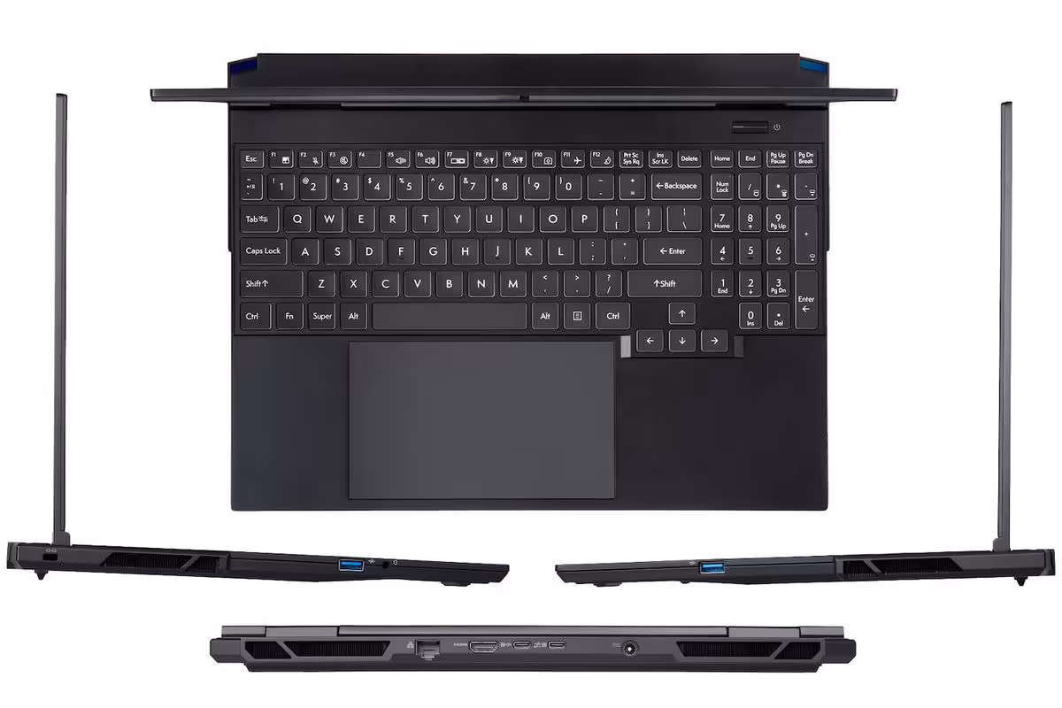 Vue éclatée du System76 Adder Pro, clavier, pavé tactile et profil latéral du châssis noir