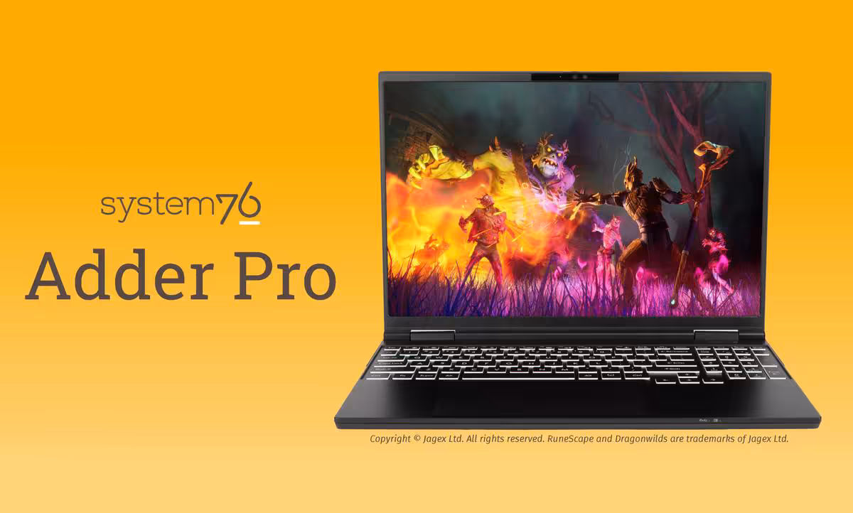 Adder Pro : System76 lance un portable OLED 2K avec Core Ultra 7 et GeForce RTX 50 2 Portable System76 Adder Pro sur fond orange, avec logo et nom du modèle visibles
