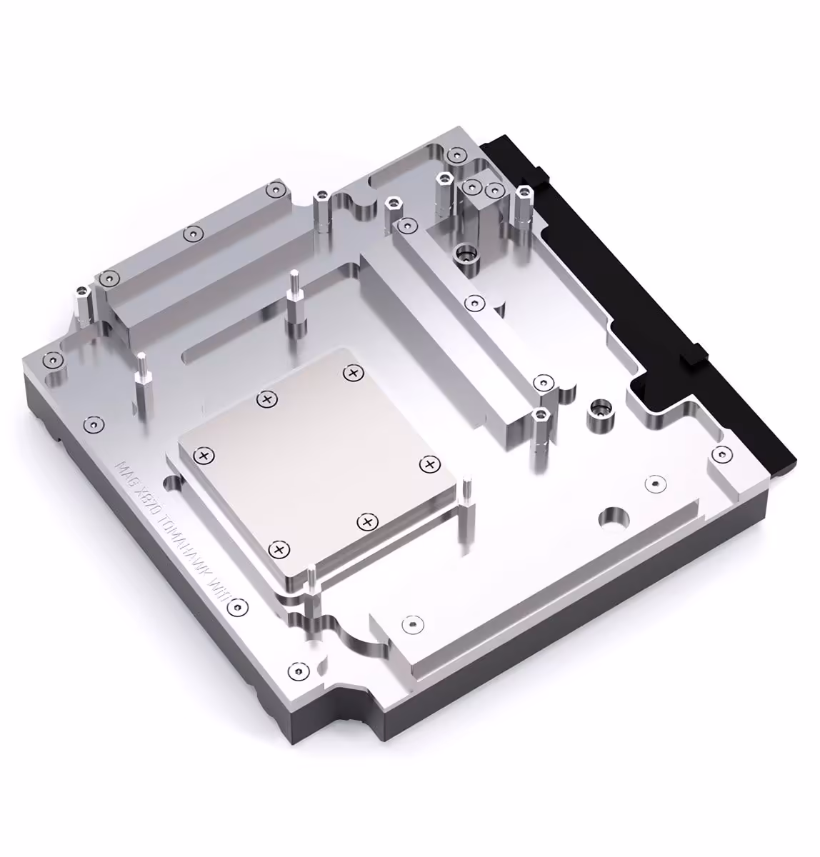 Alphacool Apex Monoblocks : de nouveaux blocs CPU, VRM et SSD pour cartes mères AM5 5 Vue interne d’un monobloc CPU Alphacool en aluminium usiné, canaux de refroidissement et points de fixation