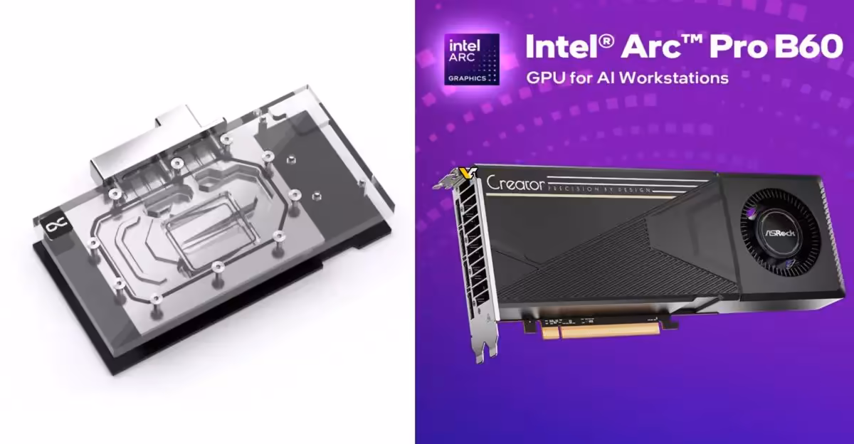 Montage carte Intel Arc Pro B60 et refroidissement Eisblock fond violet très contrasté