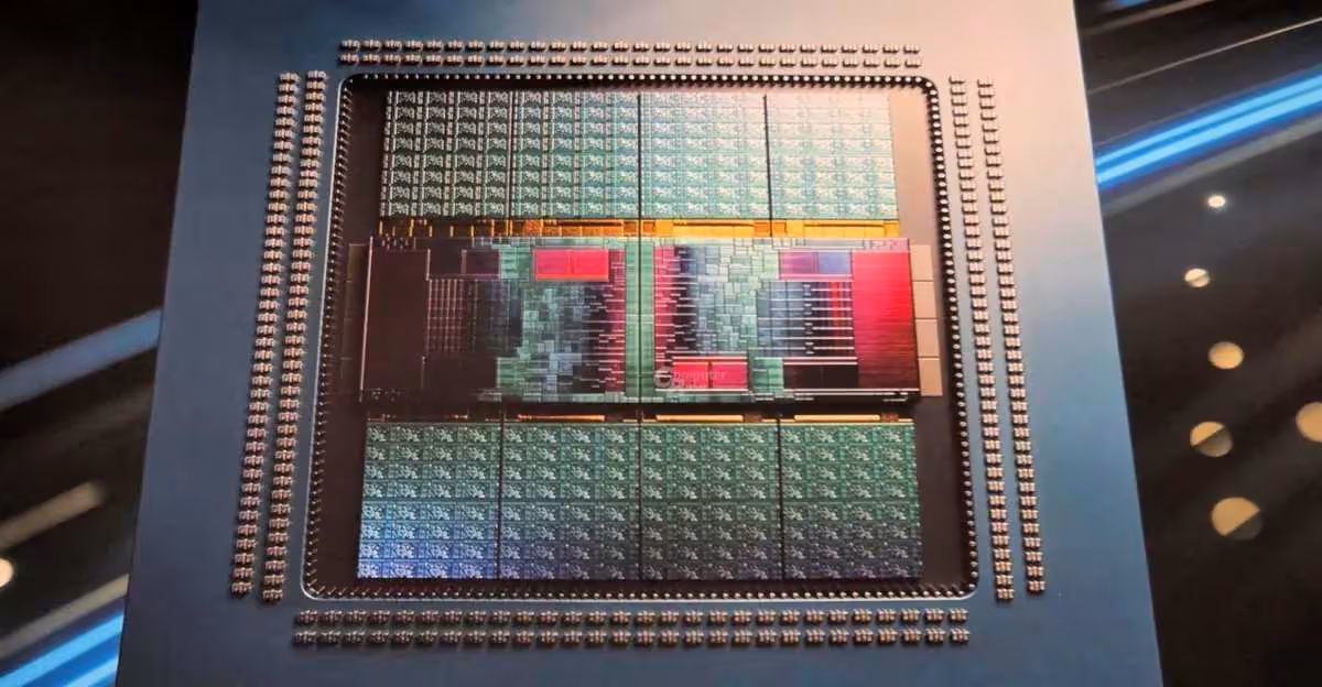 Processeur AMD avec détails exposés, couleurs vives, fond sombre, contraste élevé