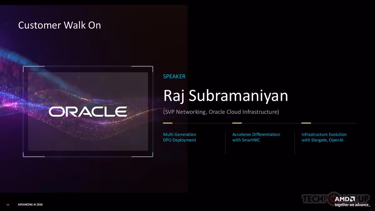 Slide “Customer Walk On” Oracle avec logo Oracle et nom de Raj Subramaniyan, SVP Networking.