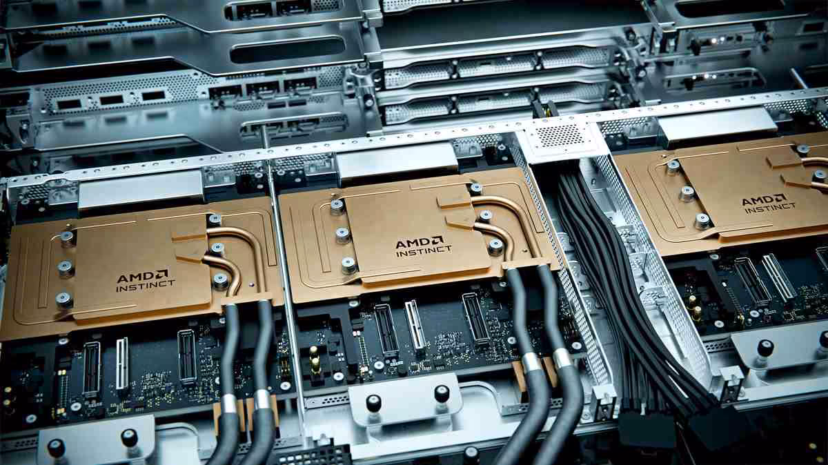 AMD Instinct MI400 et Helios : CDNA 5 passe au 2 nm et vise frontalement NVIDIA 4 Plusieurs modules AMD Instinct montés en rack, câblage serveur visible dans un châssis HPC