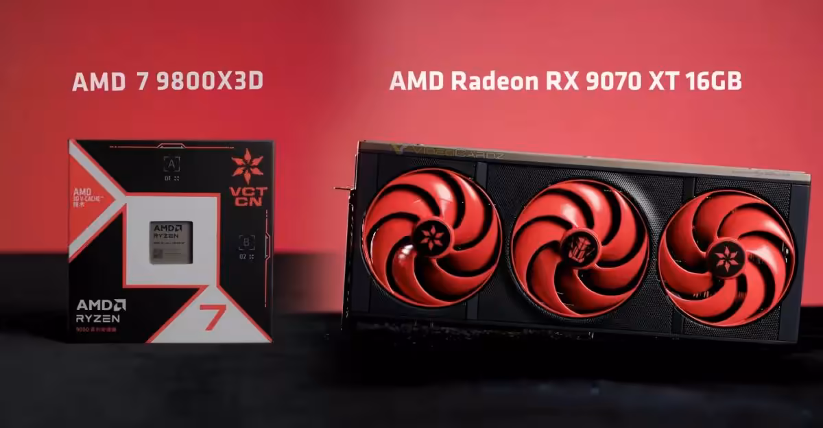 AMD Ryzen 7 9800X3D et Radeon RX 9070 XT 16GB avec éclairage contrasté et fond sombre