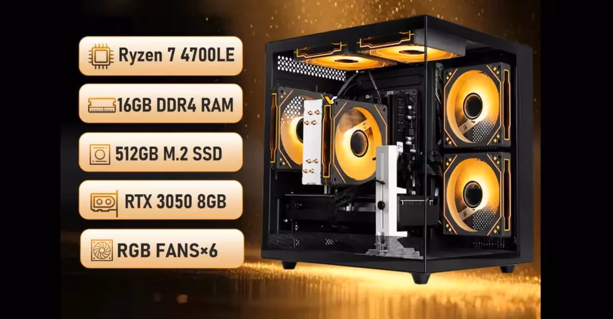 Configuration PC avec Ryzen 7 4700LE, texte et composants sur fond doré lumineux