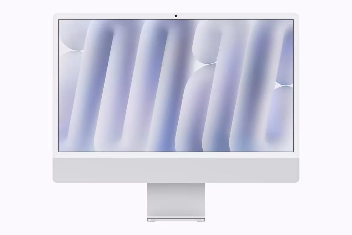 iMac Apple blanc avec écran pastel et pied central