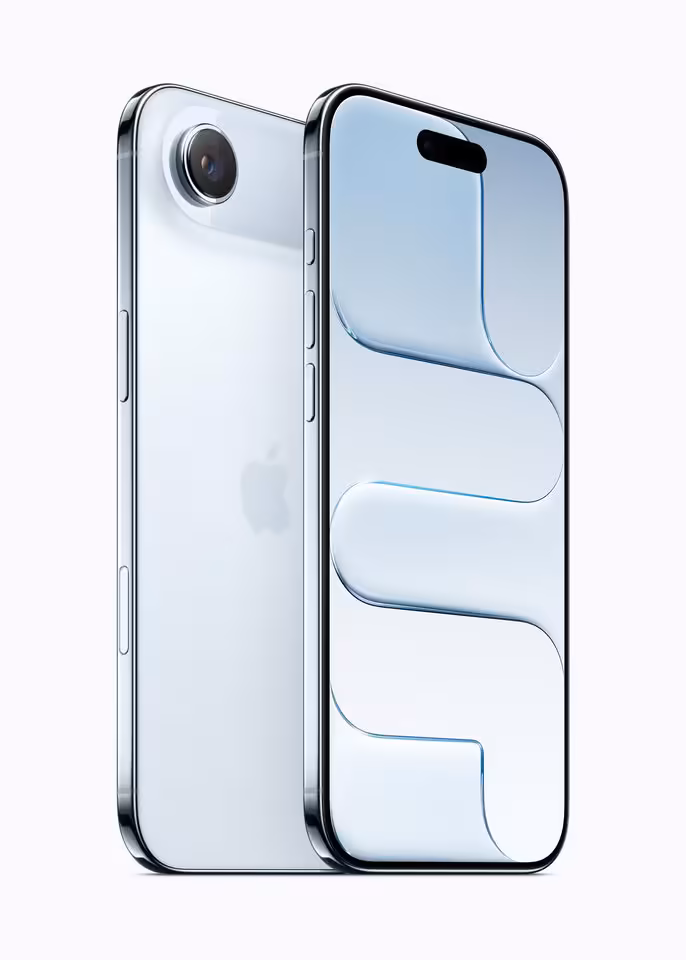 iPhone Apple bleu clair, face avant et dos, fond blanc