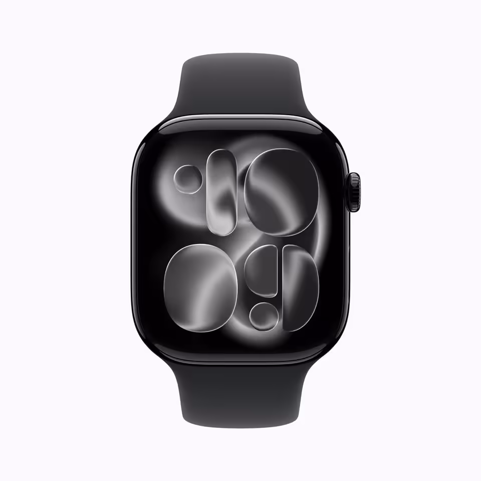 Apple Watch noire avec cadran abstrait gris, vue frontale