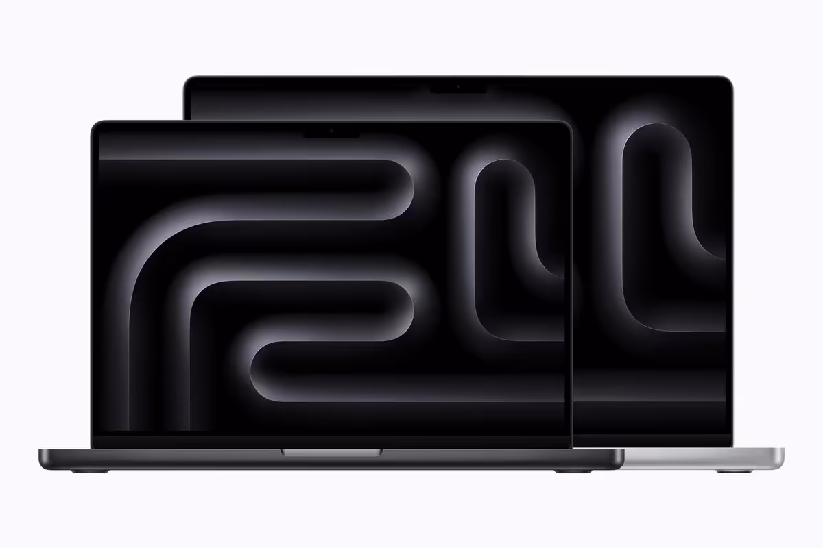 Deux MacBook Apple sombres, fonds d’écran noir en lignes