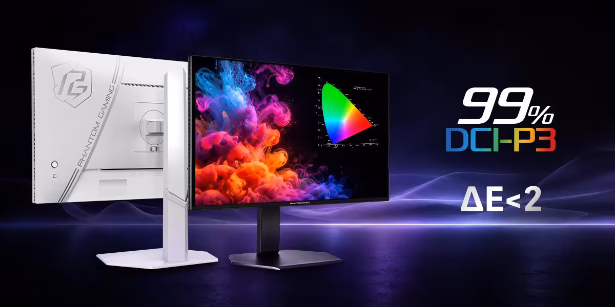 ASRock PGO27QSA : deux moniteurs QD-OLED 27 pouces QHD 240 Hz en noir et blanc 2 Deux moniteurs ASRock PGO27QSA, un blanc et un noir, avec mention 99% DCI-P3 et ΔE<2