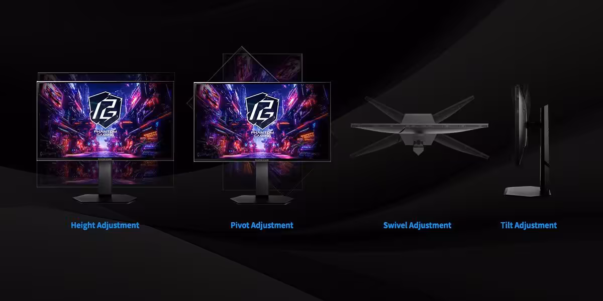 ASRock PGO27QSA : deux moniteurs QD-OLED 27 pouces QHD 240 Hz en noir et blanc 3 Comparatif des réglages d’un moniteur ASRock PGO27QSA : hauteur, pivot, rotation et inclinaison
